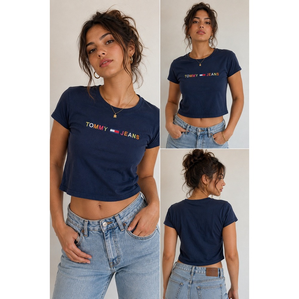Tommy Jeans Women's Large Navy Embroidered Logo Crop T-Shirt 100% Cotton